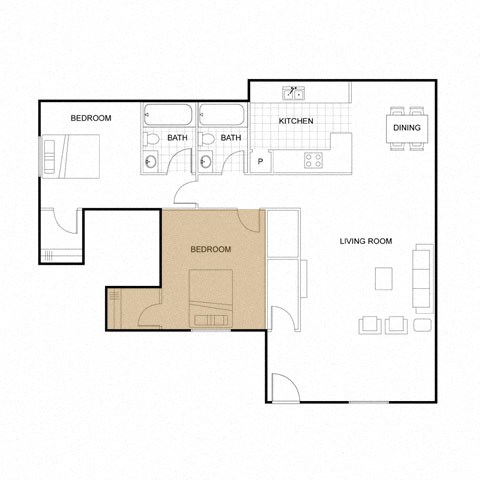A floor plan of a house with two bedrooms, a living room, a kitchen, and two bathrooms.