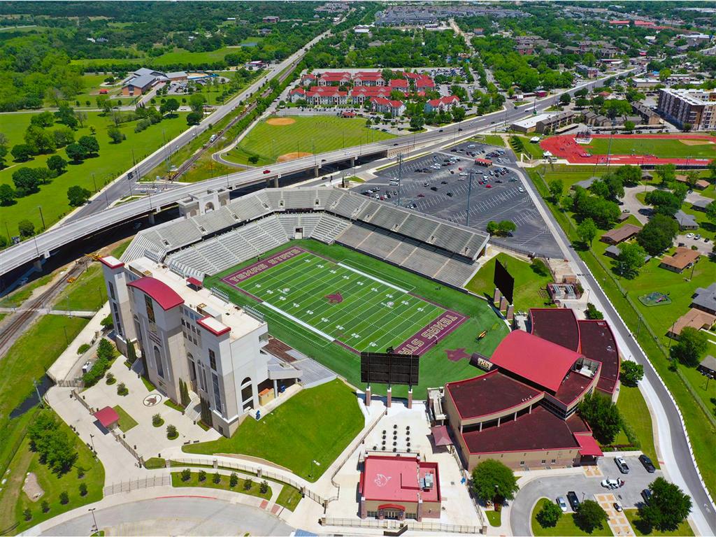 An aerial view of a football stadium at Vintage Pads Apartments, San Marcos, TX 78666