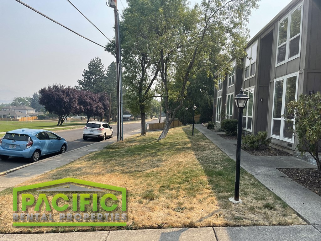a grassy area in front of a building with cars on the street