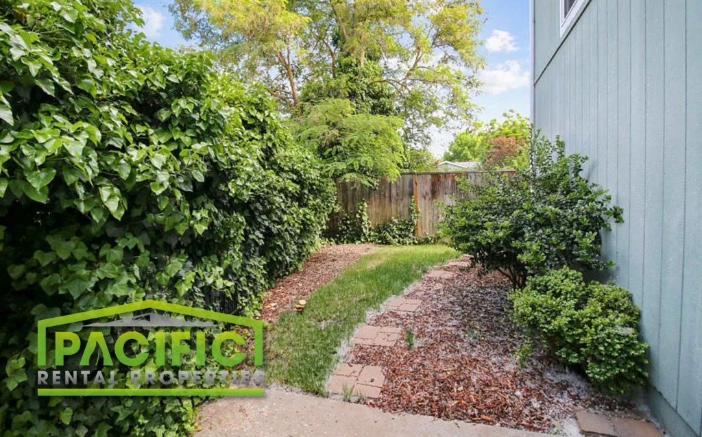 a garden with a path next to a blue fence