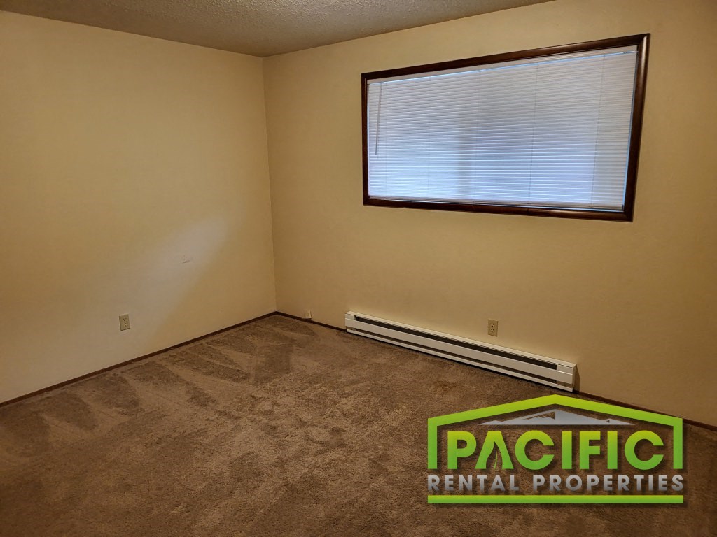 an empty room with a window and a carpeted floor