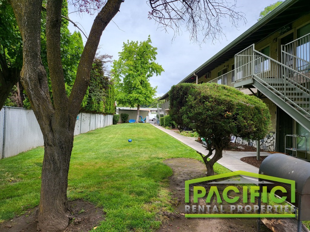 a yard with a tree in front of a building