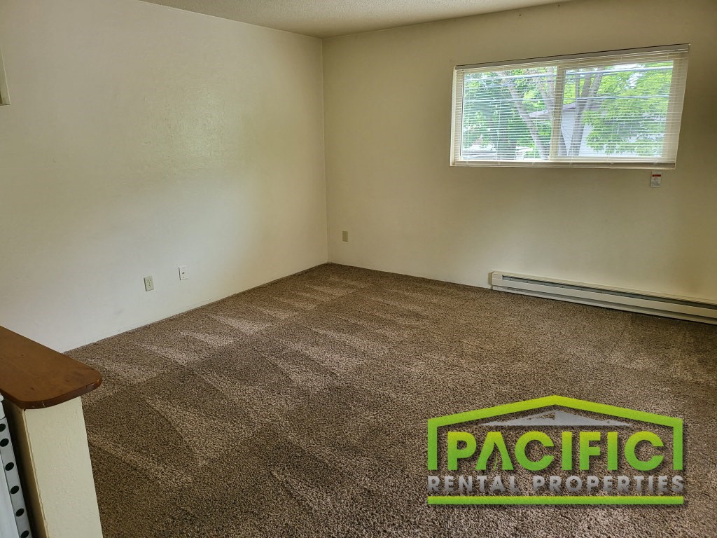 the living room of an empty room with carpet and a window
