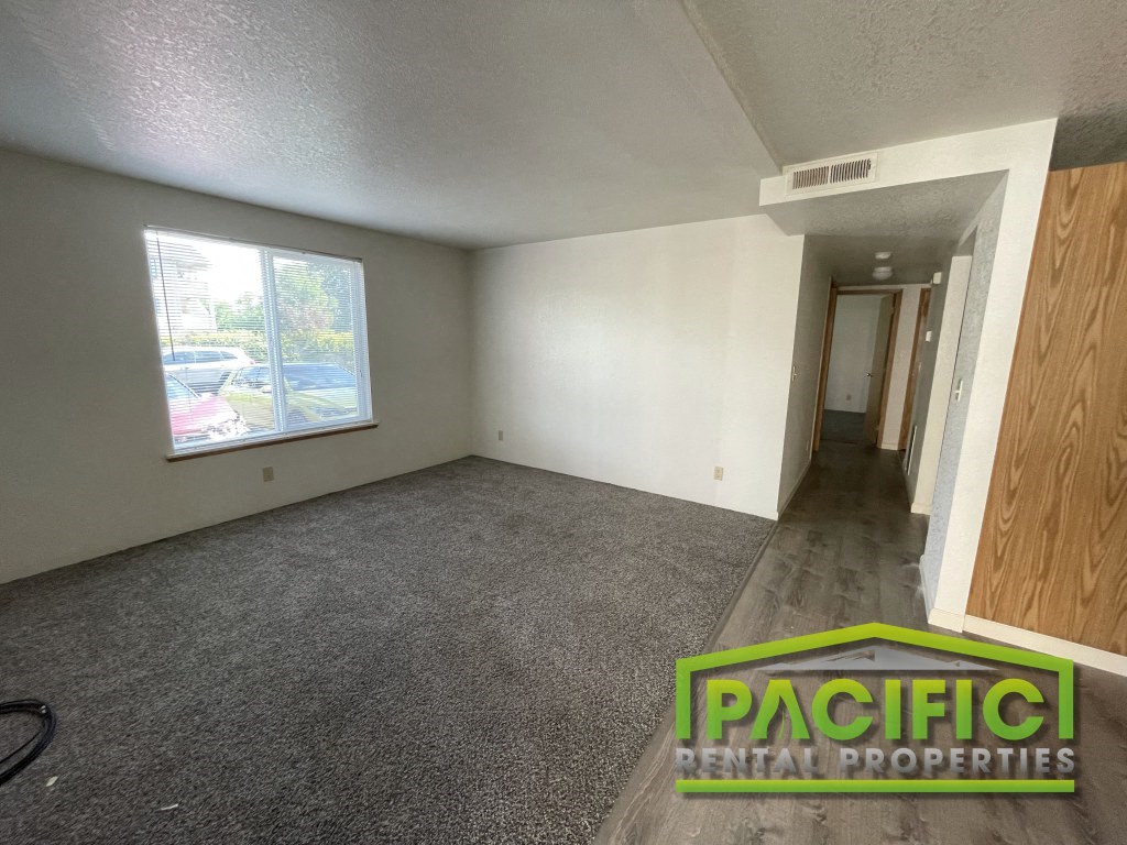 an empty living room with gray carpet and a window
