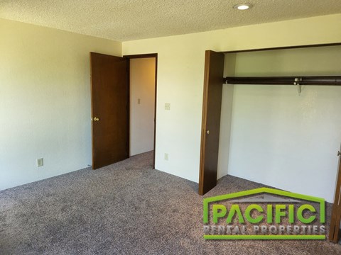 a bedroom with a closet and a carpeted floor