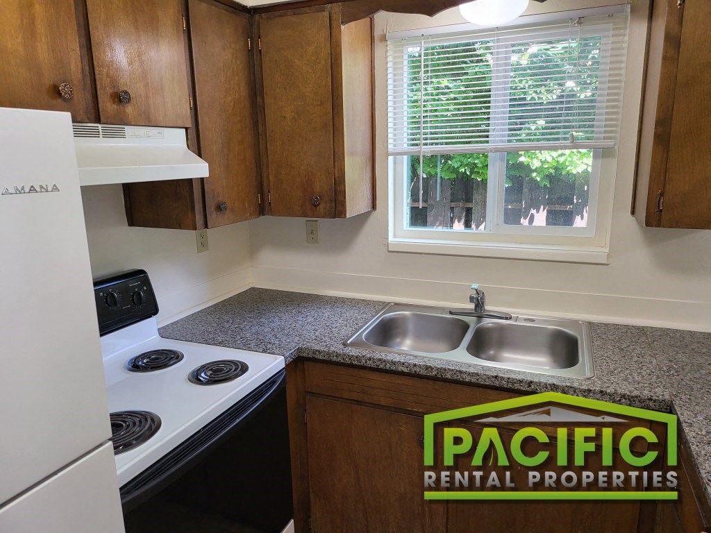 a kitchen with a sink and a stove and a window