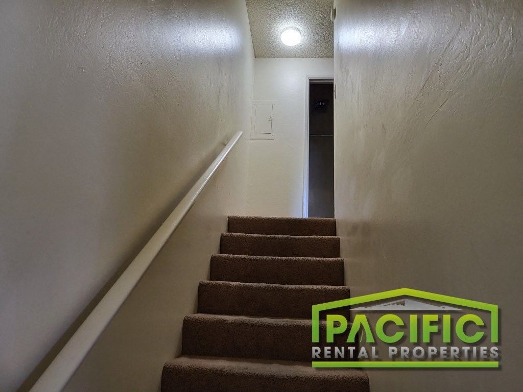 a view down the stairs of a hallway with a white wall and carpeted stairs