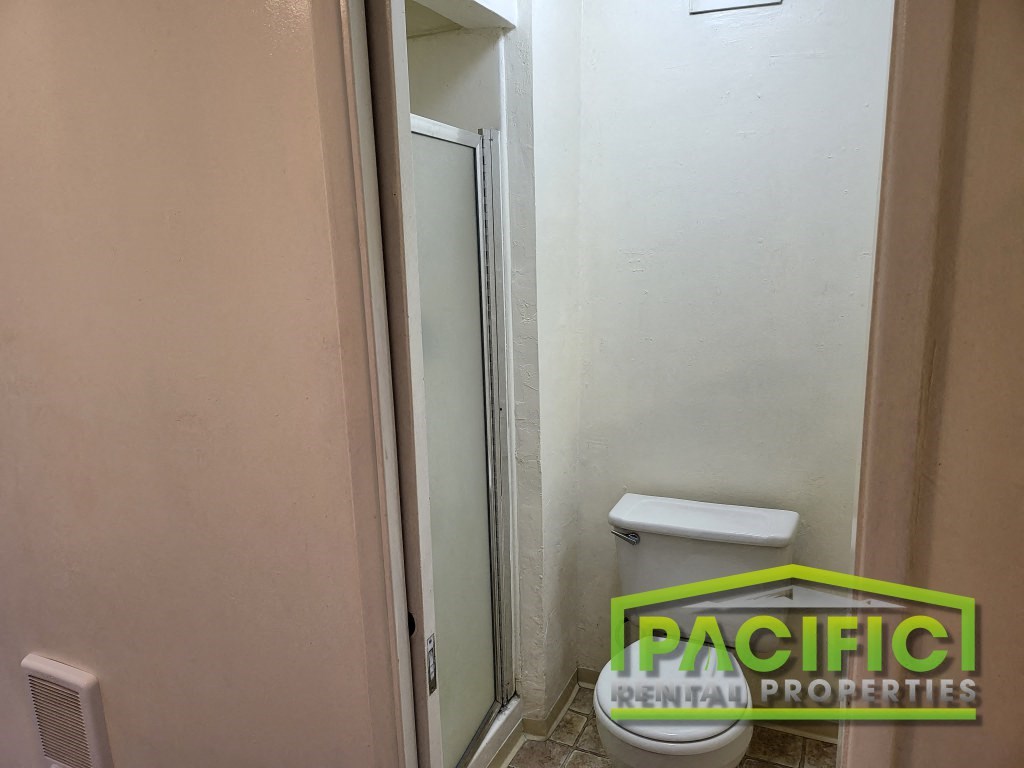 a bathroom with a toilet and a walk in shower