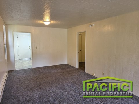 the living room of a house with carpet and a light on the ceiling