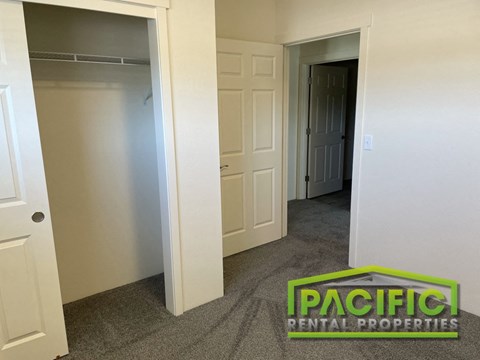 a bedroom with a closet and a rug on the floor