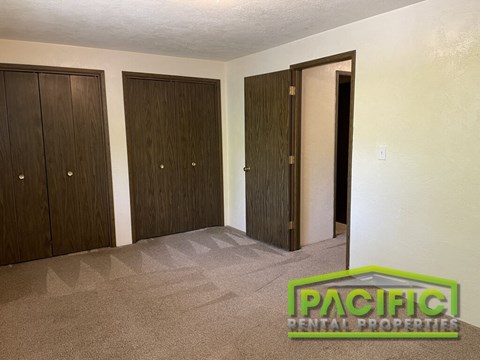 a living room with three closets and a carpeted floor