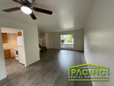 A spacious room with a ceiling fan and a window overlooking a green area.