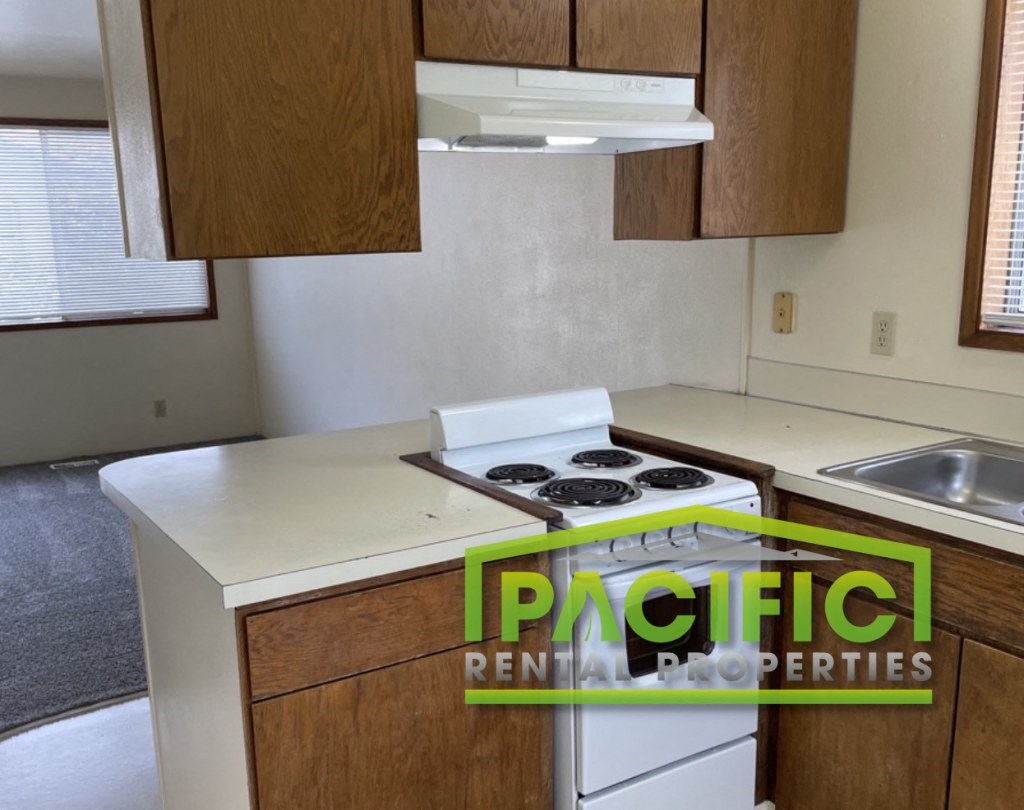 an empty kitchen with a stove and a sink