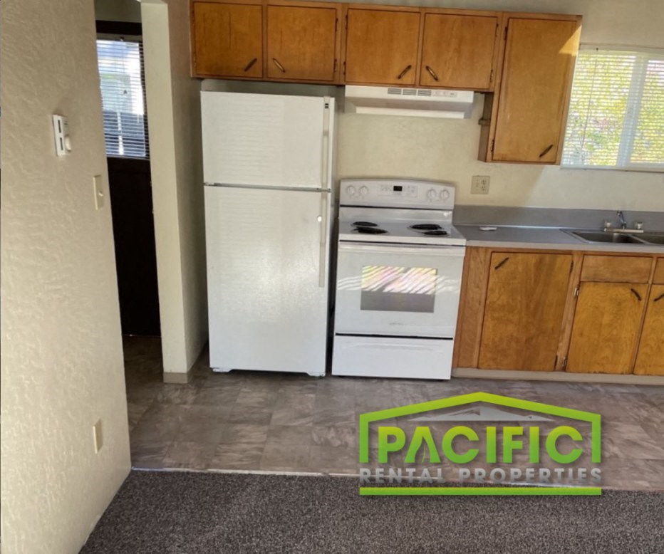 a kitchen with a white refrigerator and a sink