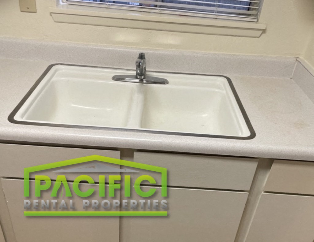 a kitchen sink with a faucet and a window above it