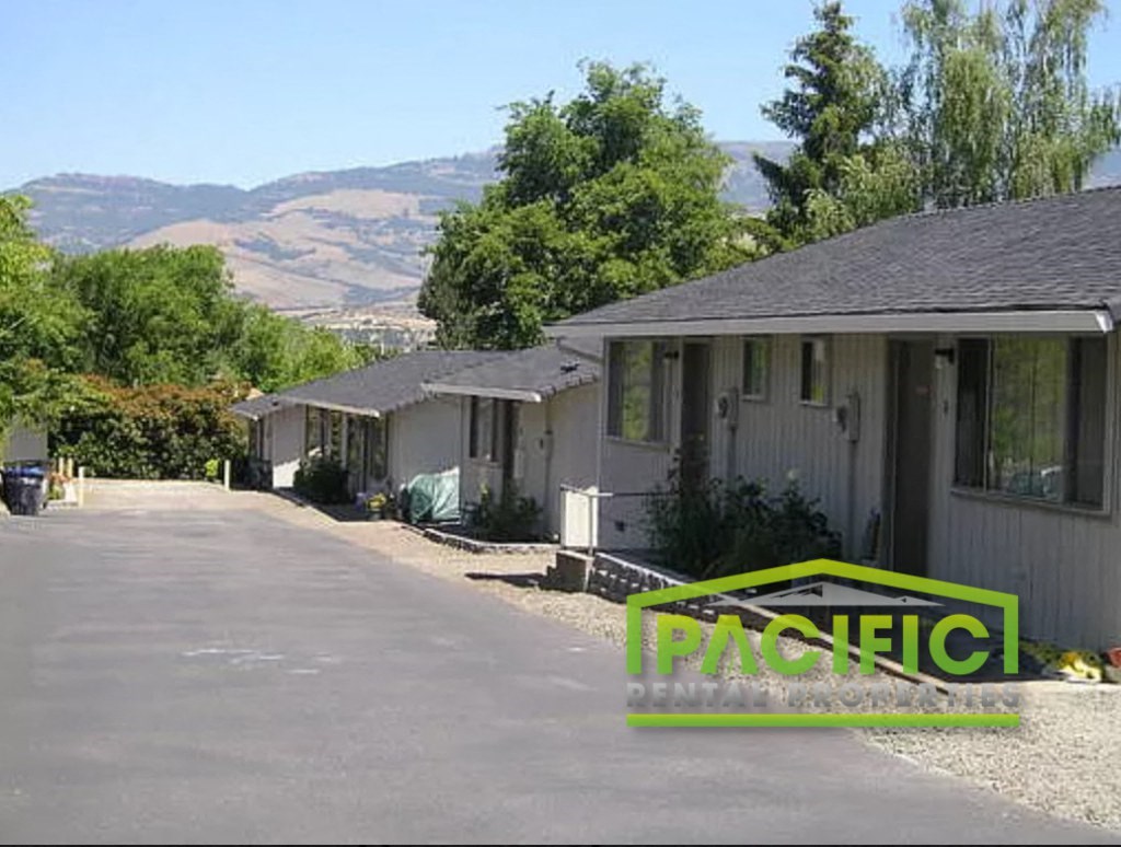 a row of houses with mountains in the background