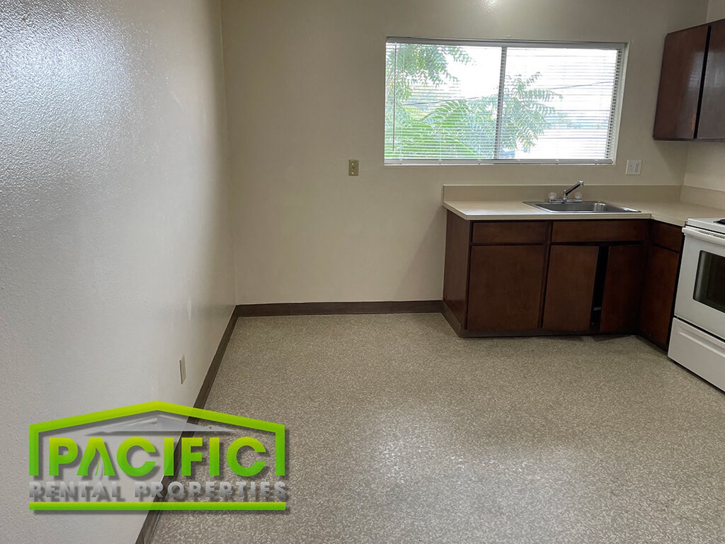 an empty kitchen with a sink and a window