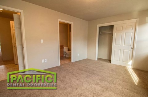 an empty living room with a carpeted floor and a closet