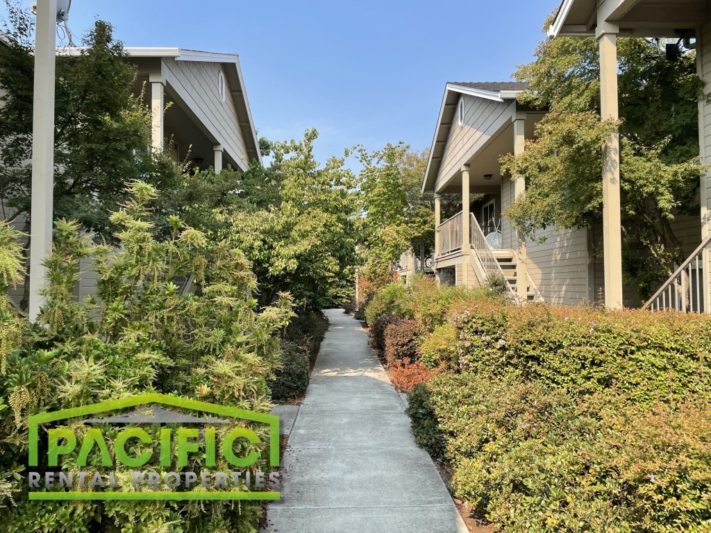 a walkway leading up to a row of houses