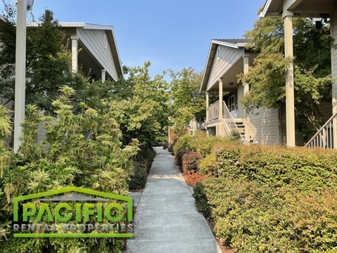 a walkway leading up to a row of houses