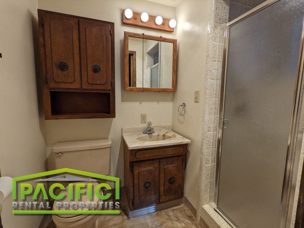 a bathroom with a sink and a shower and a mirror