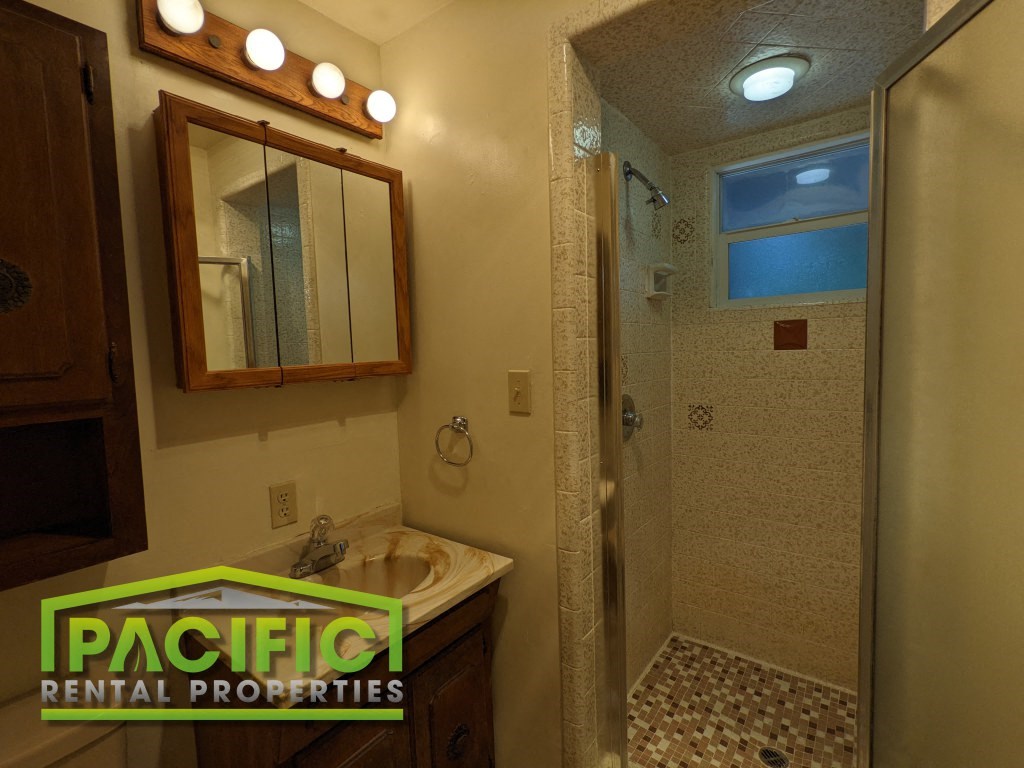 a bathroom with a sink and a shower and a mirror