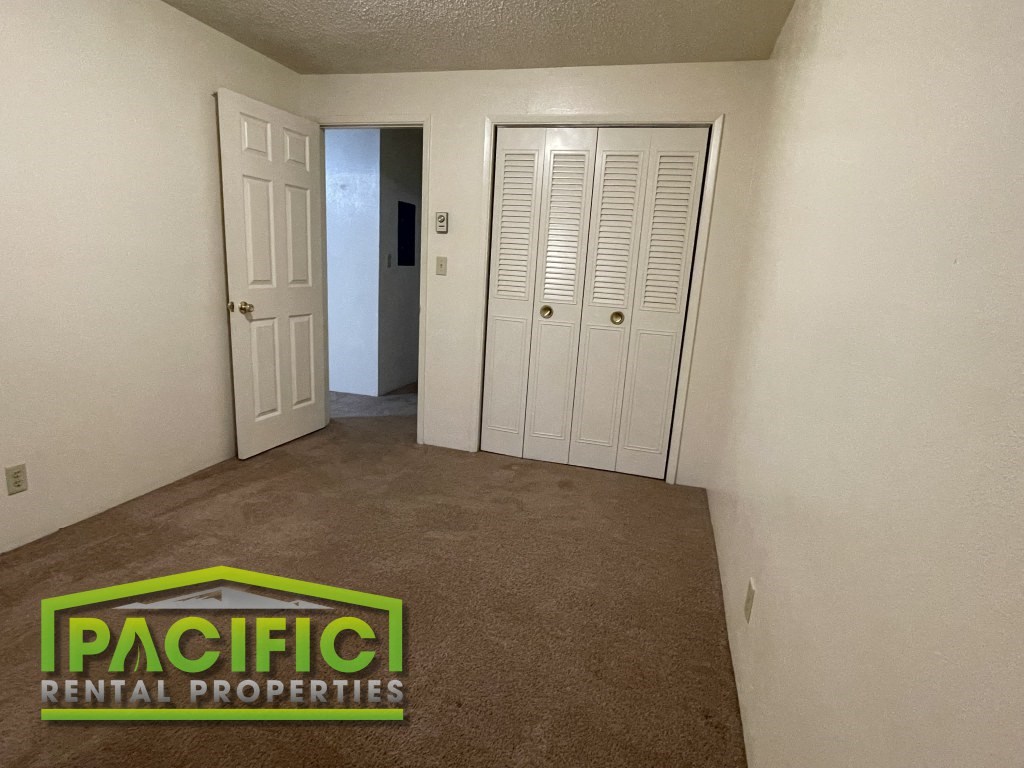 an empty room with a carpeted floor and a closet