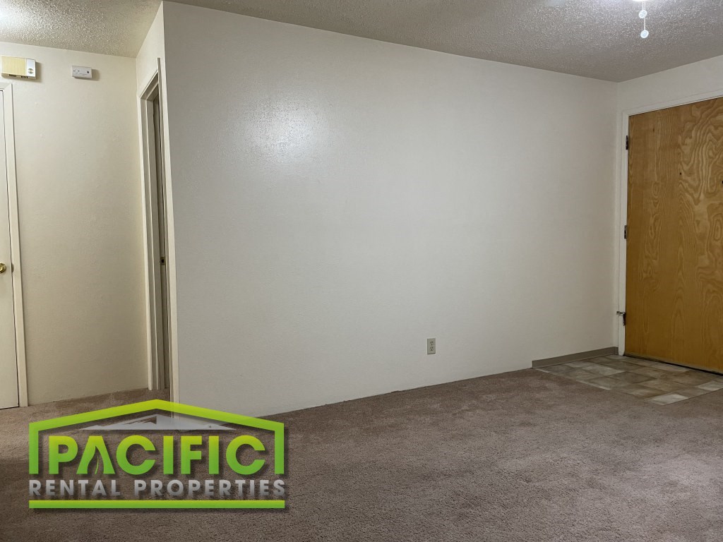 a room with a carpeted floor and a door to a closet
