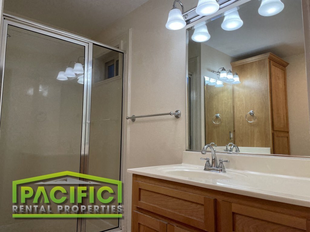 a bathroom with a sink and a shower and a mirror