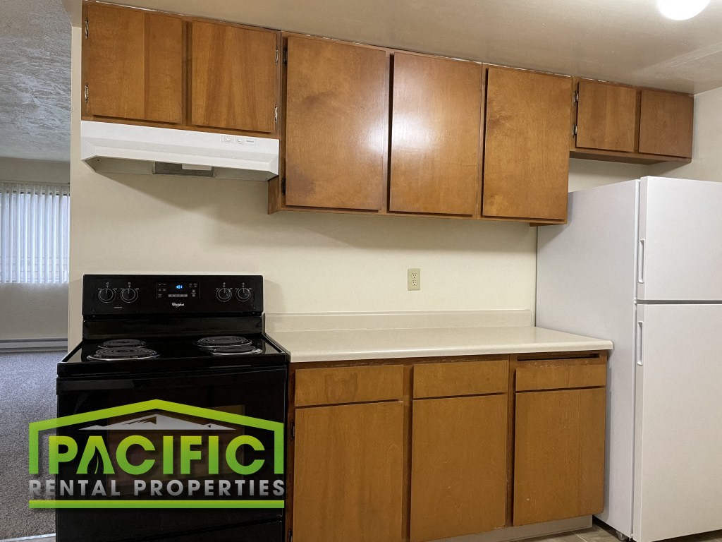 a kitchen with wooden cabinets and a stove and a refrigerator