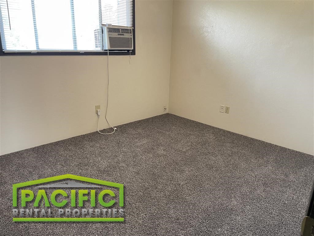 a carpeted room with a window and a pacific logo on the floor