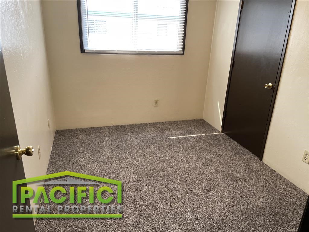 a carpeted room with a door and a window