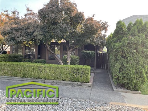 A house with a green lawn and trees in front of it.