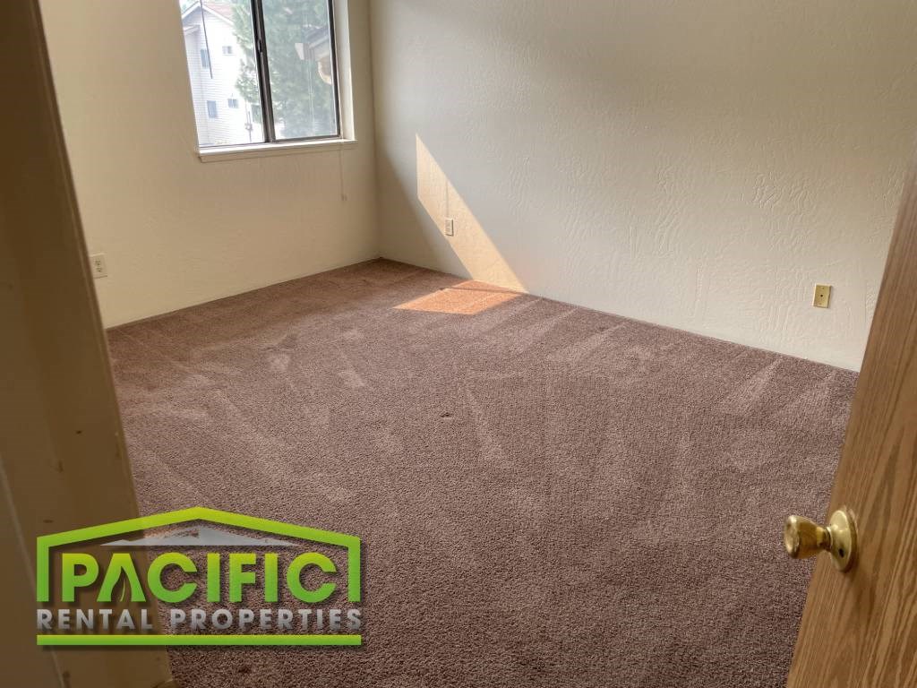 a carpeted room with a door and a window