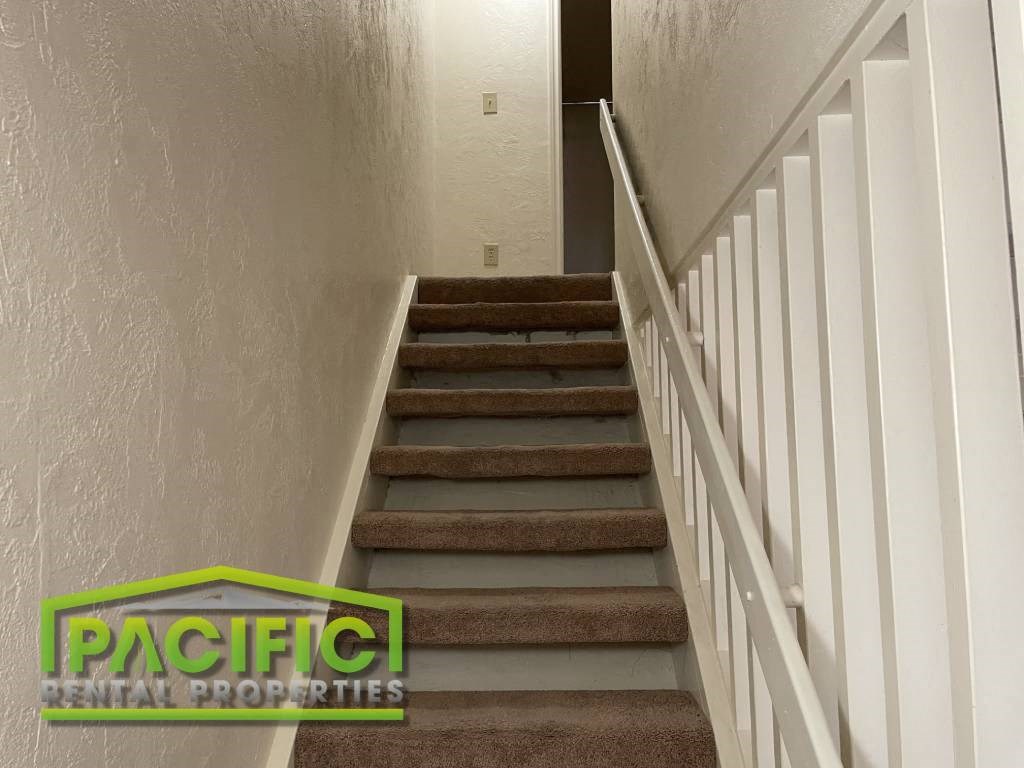 a set of stairs with a white railing and a carpeted