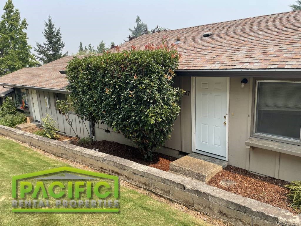a small bungalow with a white door and a tree in front of it