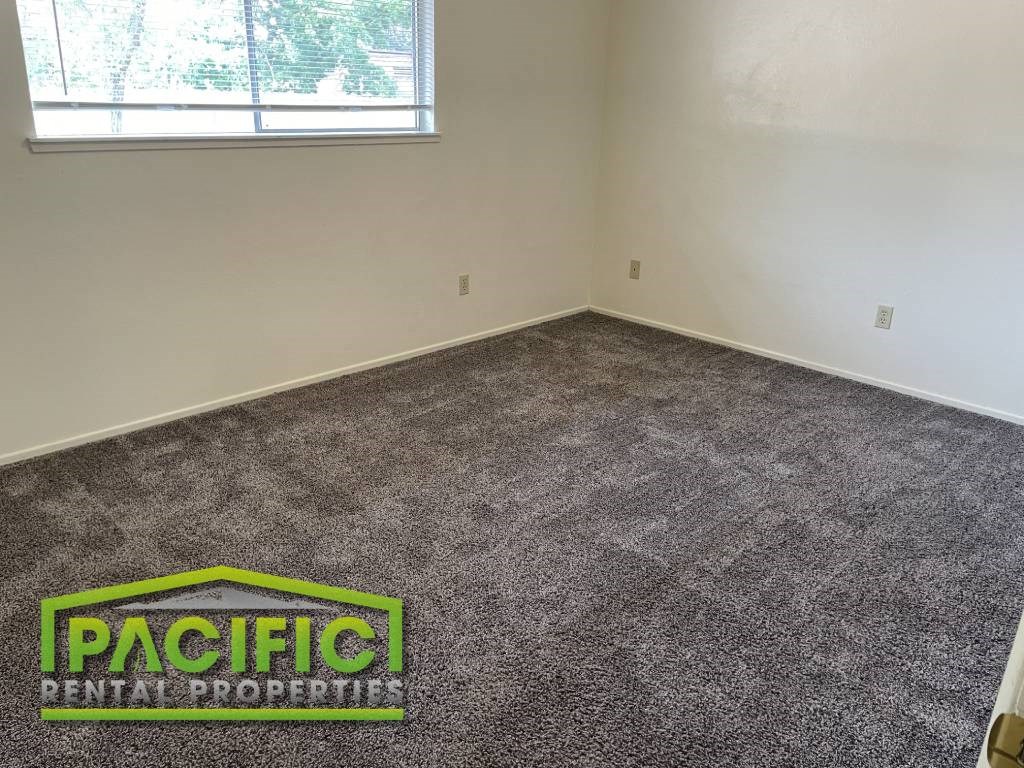 A room with a grey carpet and a window with a view of trees.