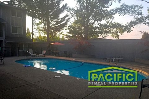 a swimming pool in a backyard with a rental properties logo