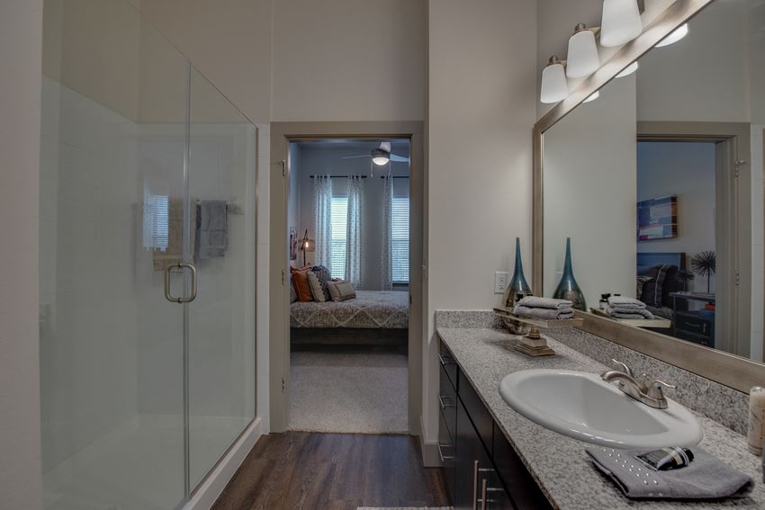 a bathroom with a shower and a sink and a mirror