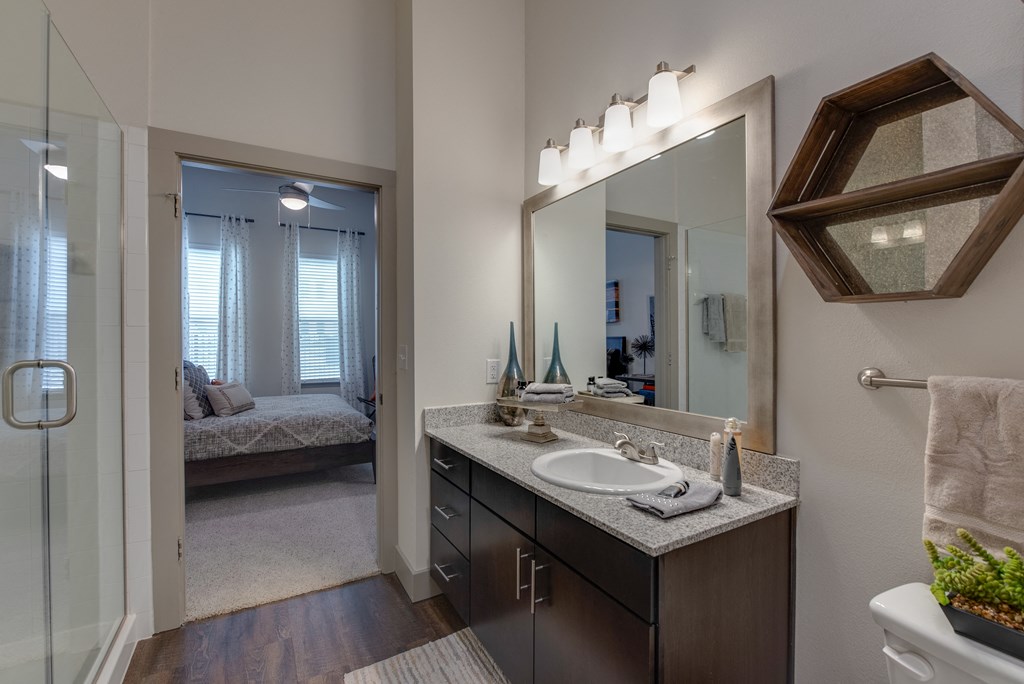 a bathroom with a sink and a shower and a mirror