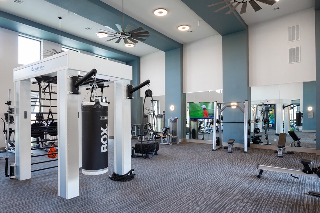 a gym with weights and exercise equipment at the monarch apartments in midtown