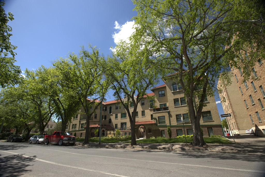 A tree-lined street with apartment buildings in the background.