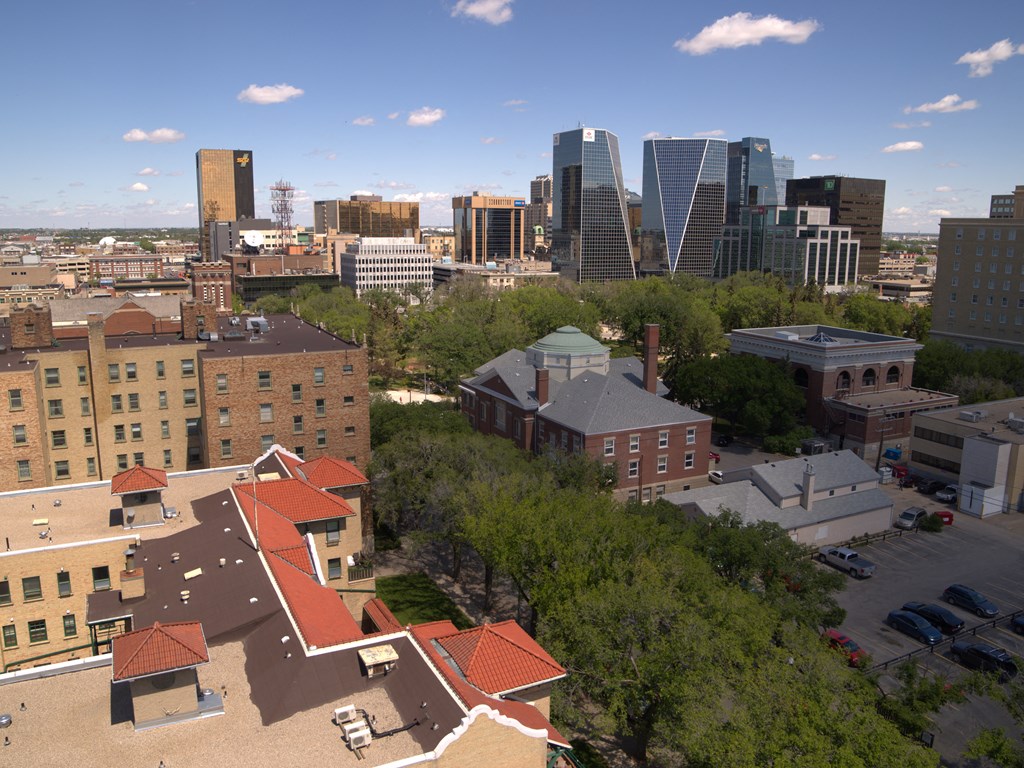 A view of a city from a high vantage point.