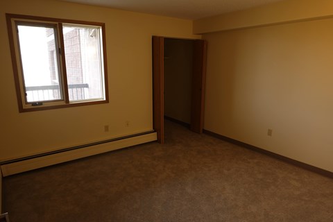 A room with a brown carpet and a brown door.