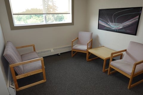 A room with a grey carpet and a painting on the wall.