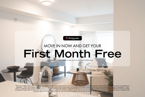 A modern living room with a couch, chairs, and a coffee table is showcased in a promotional image for Bridgwater, offering a free first month for new movers.