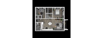 A 3D rendered image of a modern apartment layout.