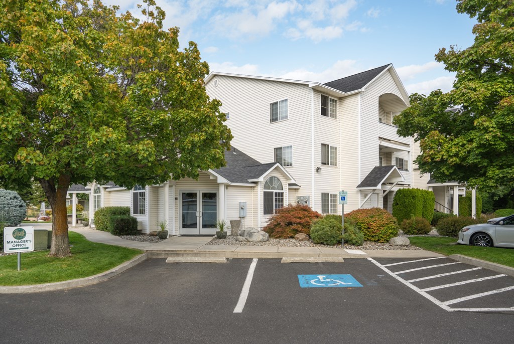 a large white house with a parking lot and a tree