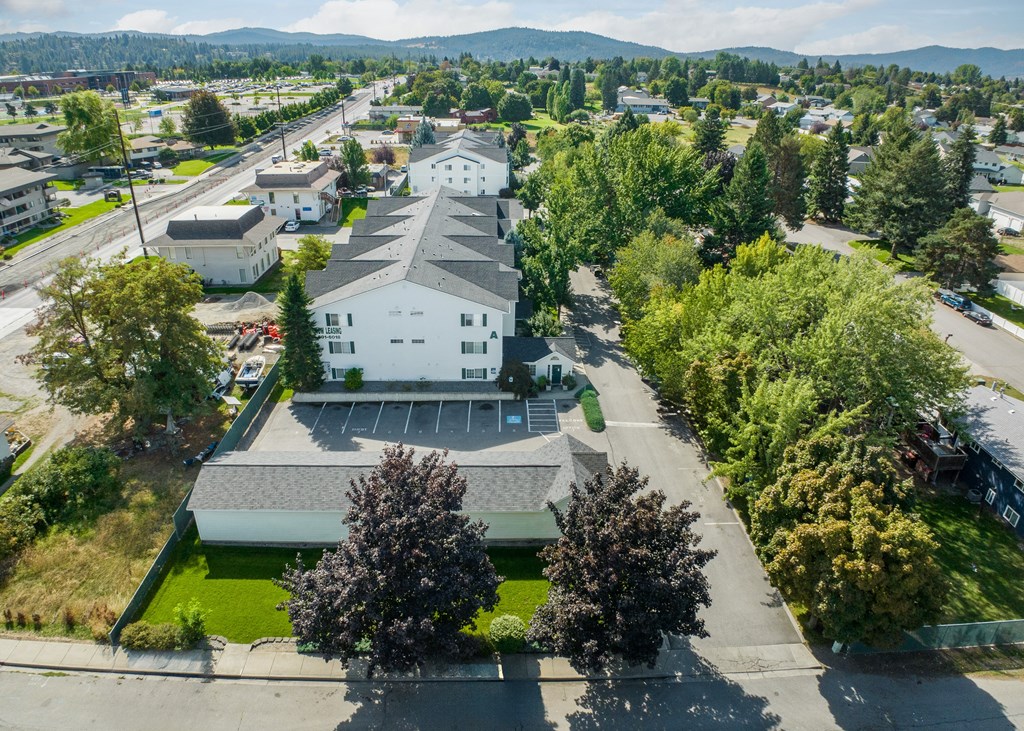 an aerial view of a white house in a neighborhood with trees