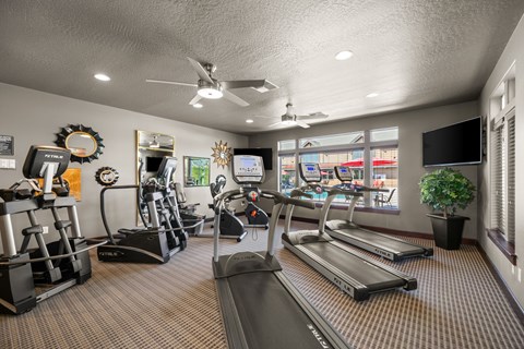 A gym with treadmills, elliptical machines, and other exercise equipment.